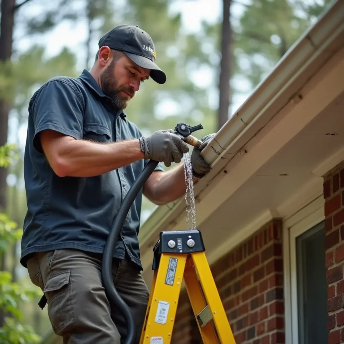 Installer running a hose water test on new gutters before leaving a Clemson job