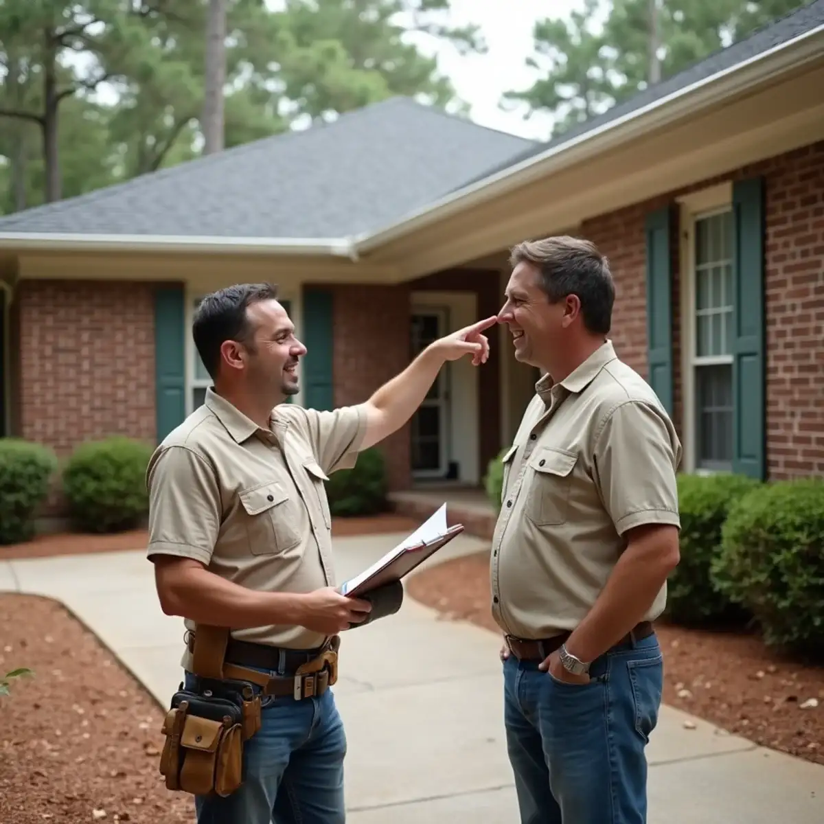 Local gutter installer reviewing a written gutter quote with a Clemson homeowner