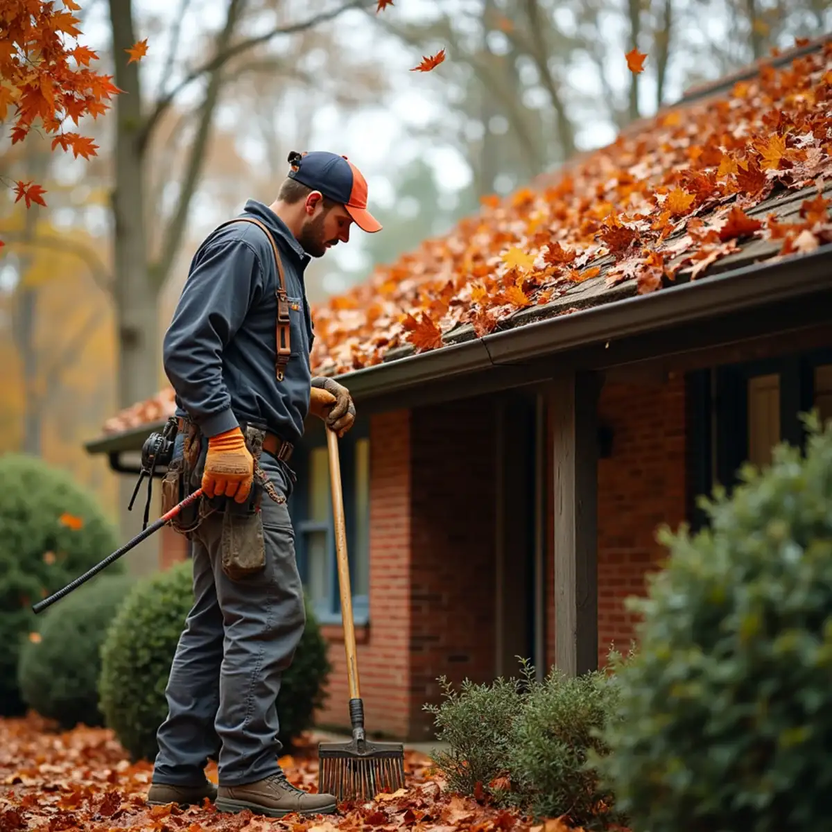 Worker with a rake beside a leaf-covered roof and gutters on an Upstate South Carolina home in autumn