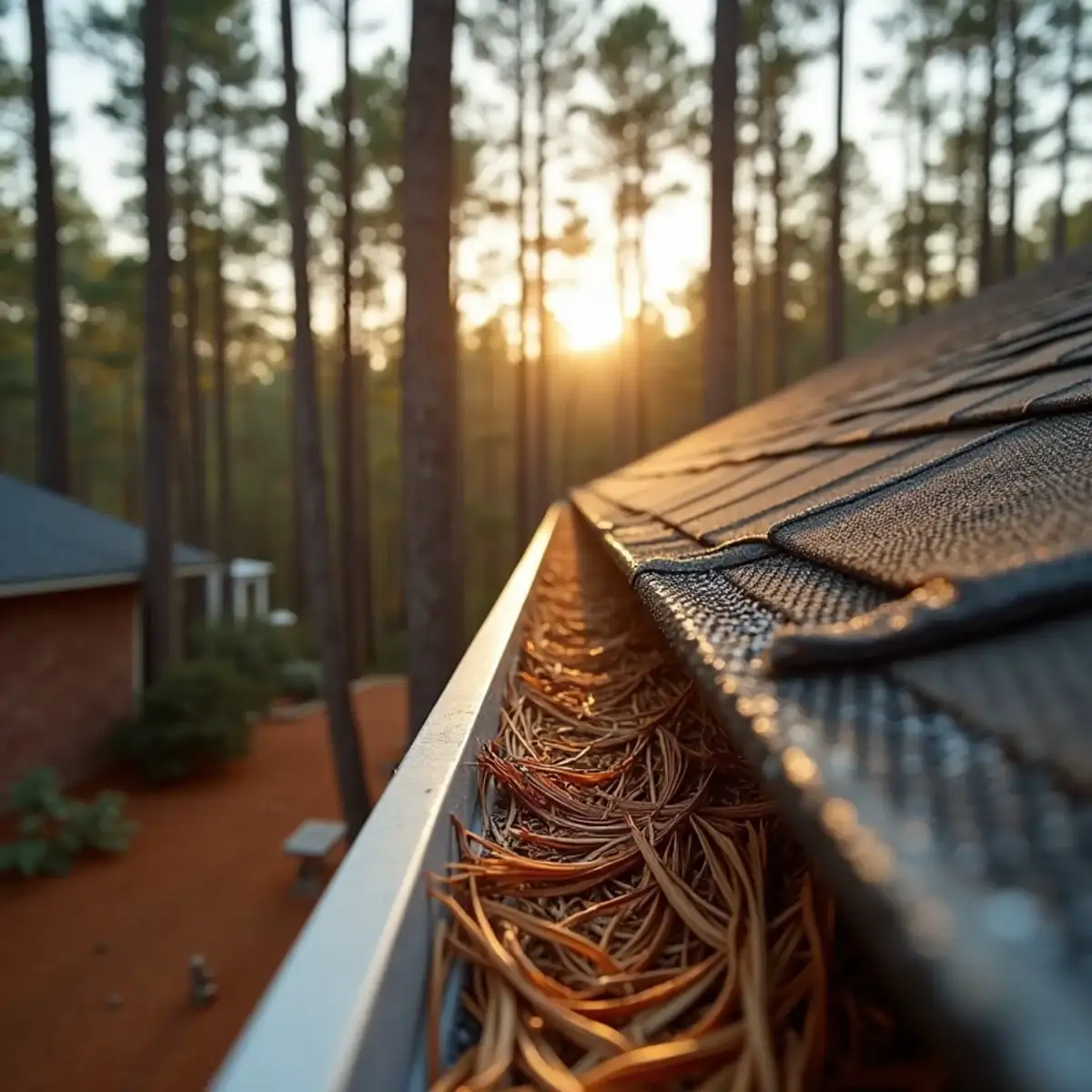 Pine needles resting on a micro-mesh gutter guard in Upstate South Carolina