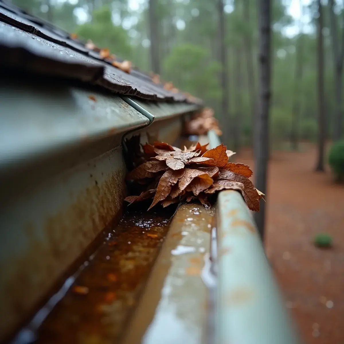 Gutter outlet clogged with leaves and pine needles causing overflow