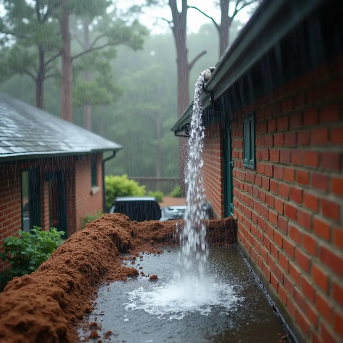 Rainwater pouring off a roof corner where an undersized gutter cannot keep up