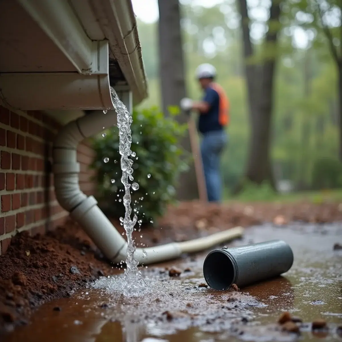 Water spilling at a choked downspout connection during heavy rain