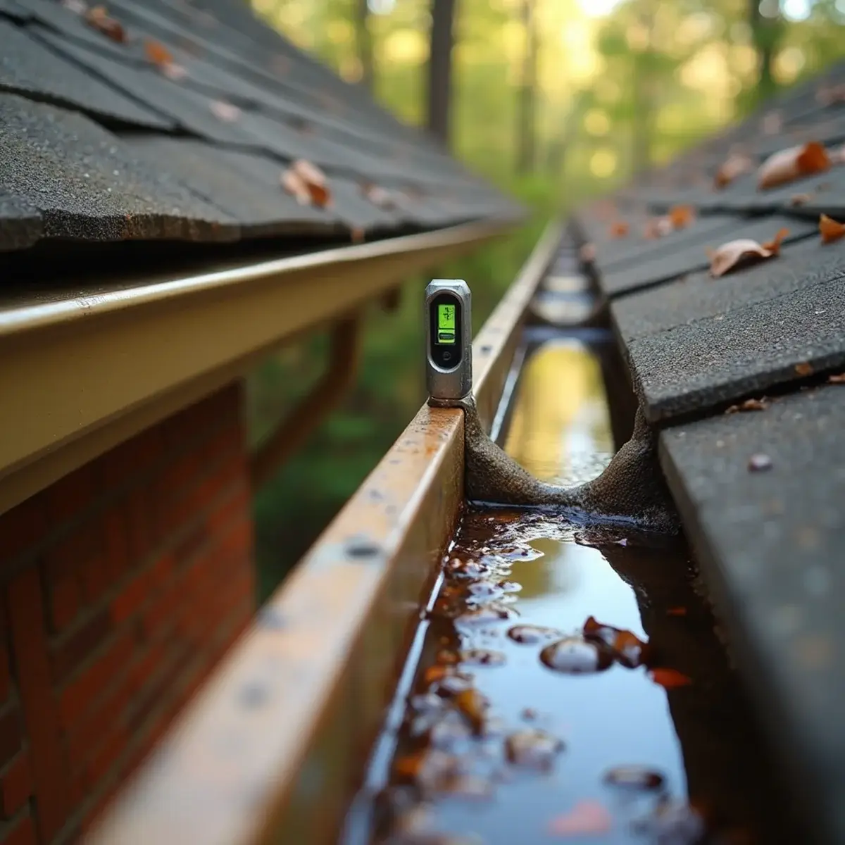 Level resting on a sagging gutter holding standing water where the slope has reversed