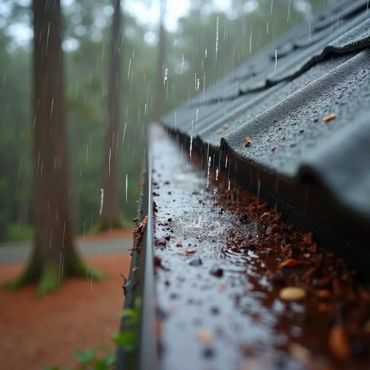 Heavy rain hitting the roof edge and gutter of an Upstate home during a downpour