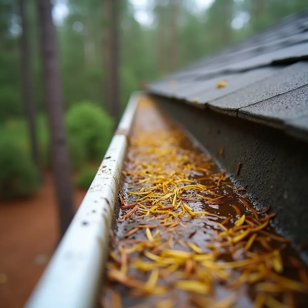 Gutter matted with yellowed pine needles that rainwater flows over instead of through