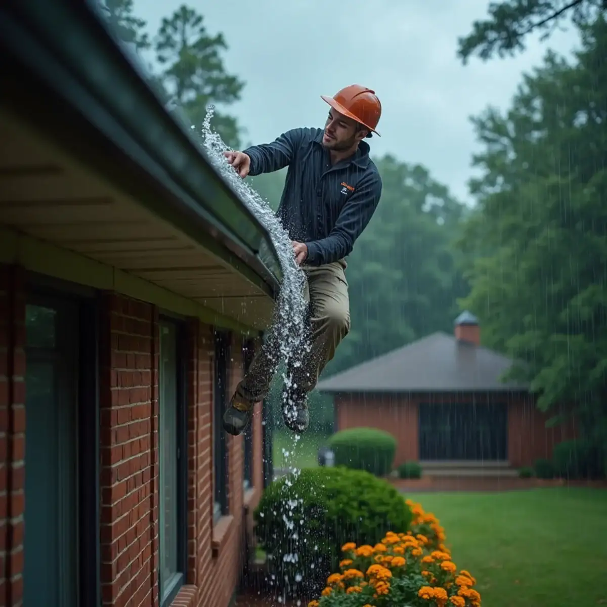 Rainwater spilling over a gutter during a heavy downpour as an installer checks the run