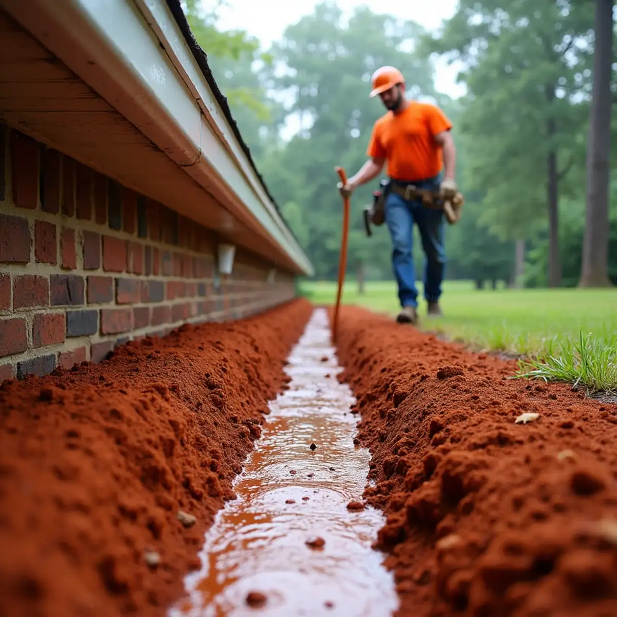 Roof water running through a trench in red clay away from a brick foundation