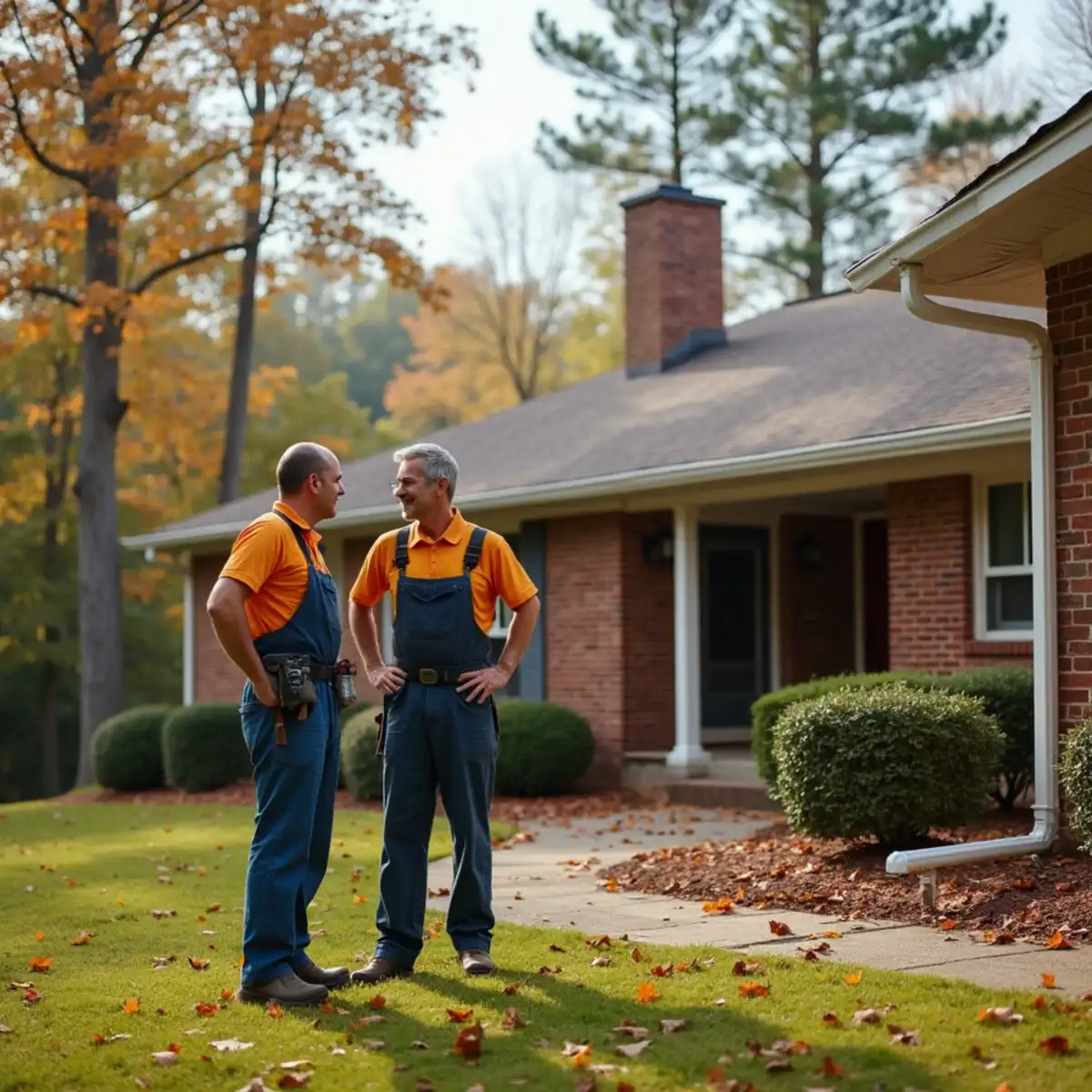 Two gutter installers talking on the lawn of a brick home in autumn in Upstate South Carolina