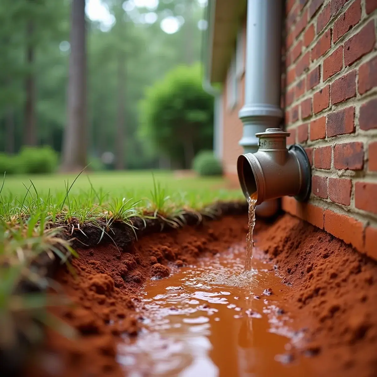 Red clay washout and exposed foundation below a short downspout in the Upstate