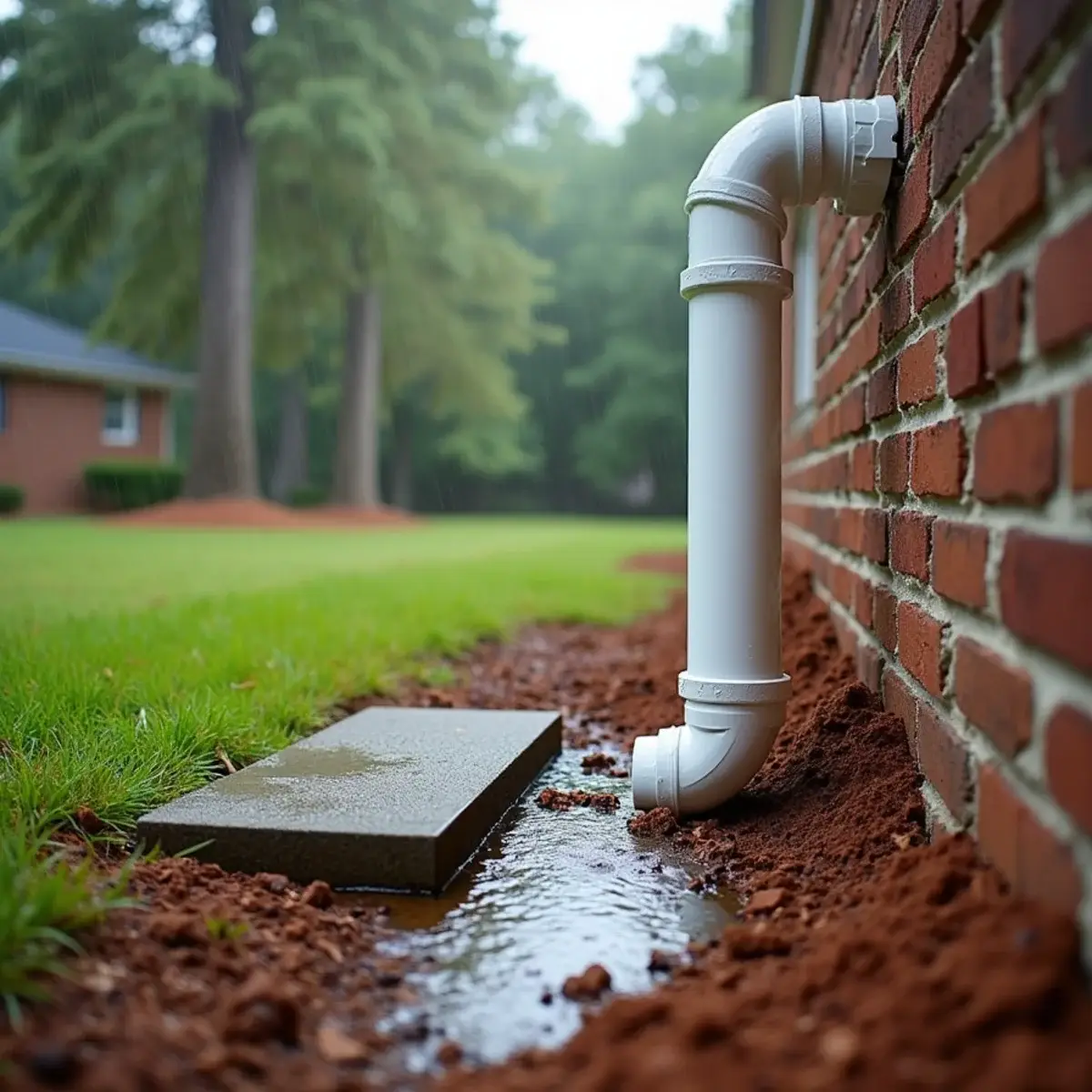 Downspout extension and splash block carrying roof water away from a Clemson home