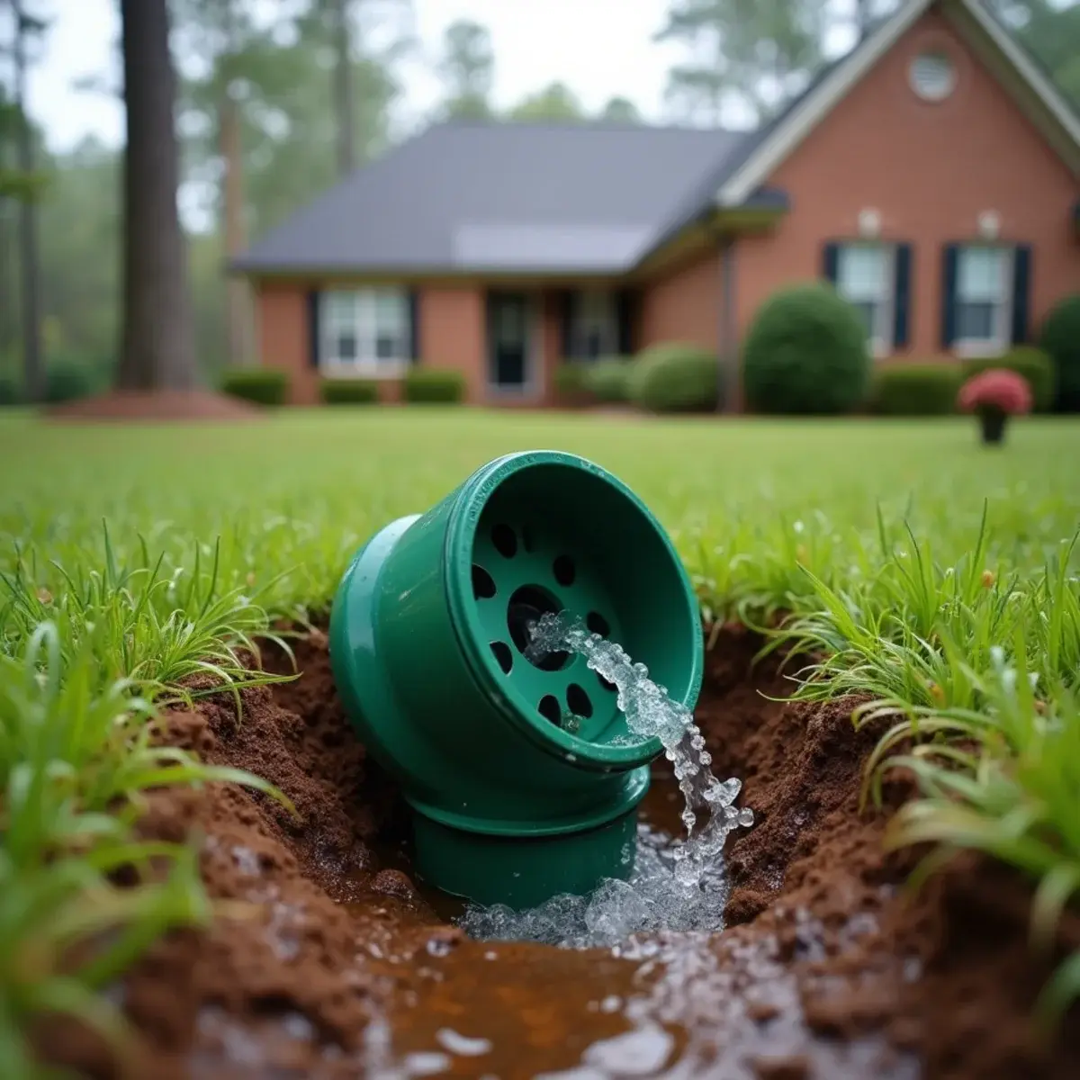 Pop-up drainage emitter releasing roof water on a lawn far from the foundation