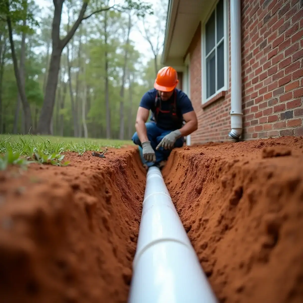 Installer laying a buried downspout drain line through red clay beside a Clemson, SC home