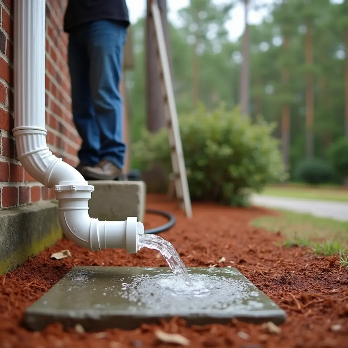 Water flushing freely from a downspout after a gutter cleaning in Clemson
