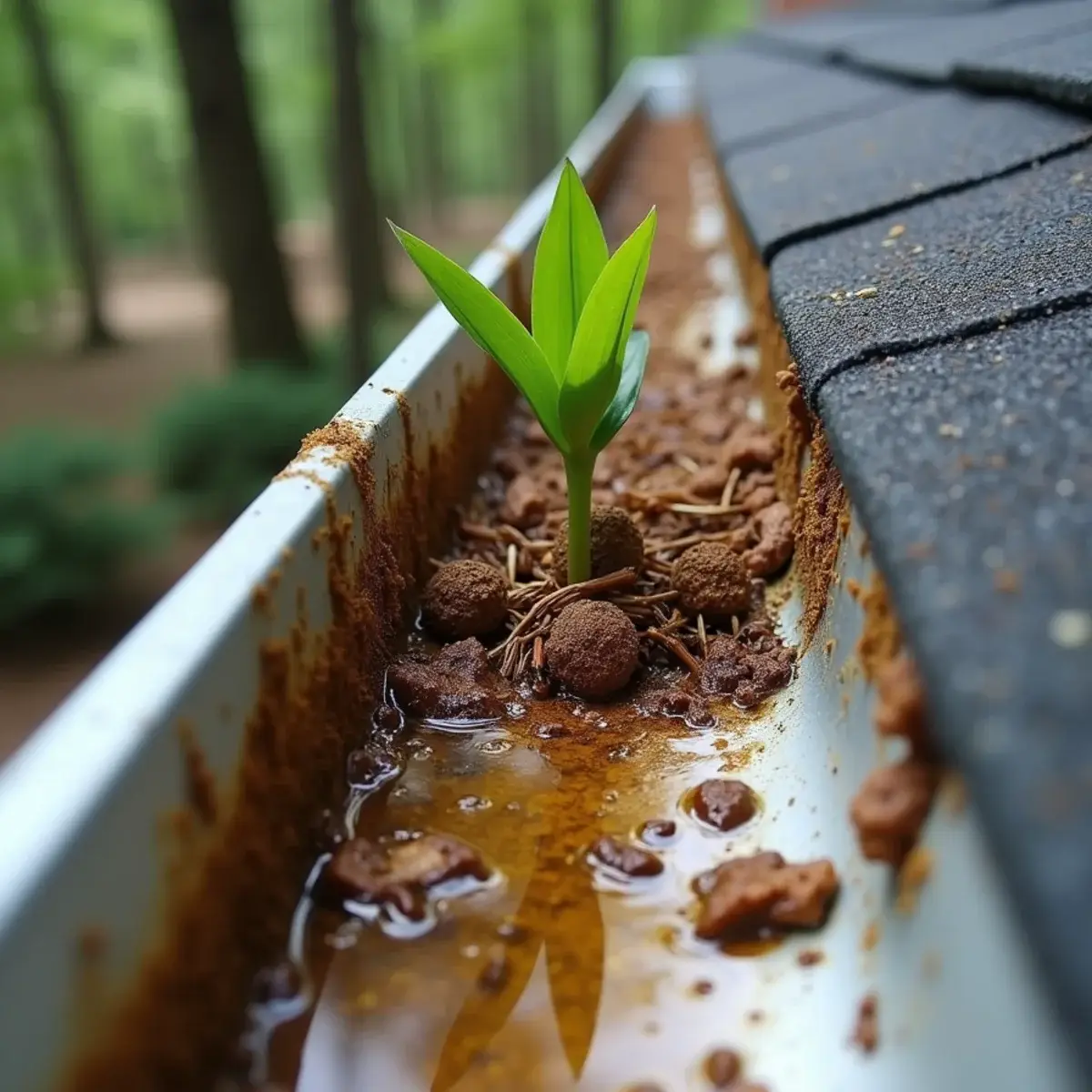 Clogged gutter full of pine needles and spring pollen sludge at a Clemson rental house