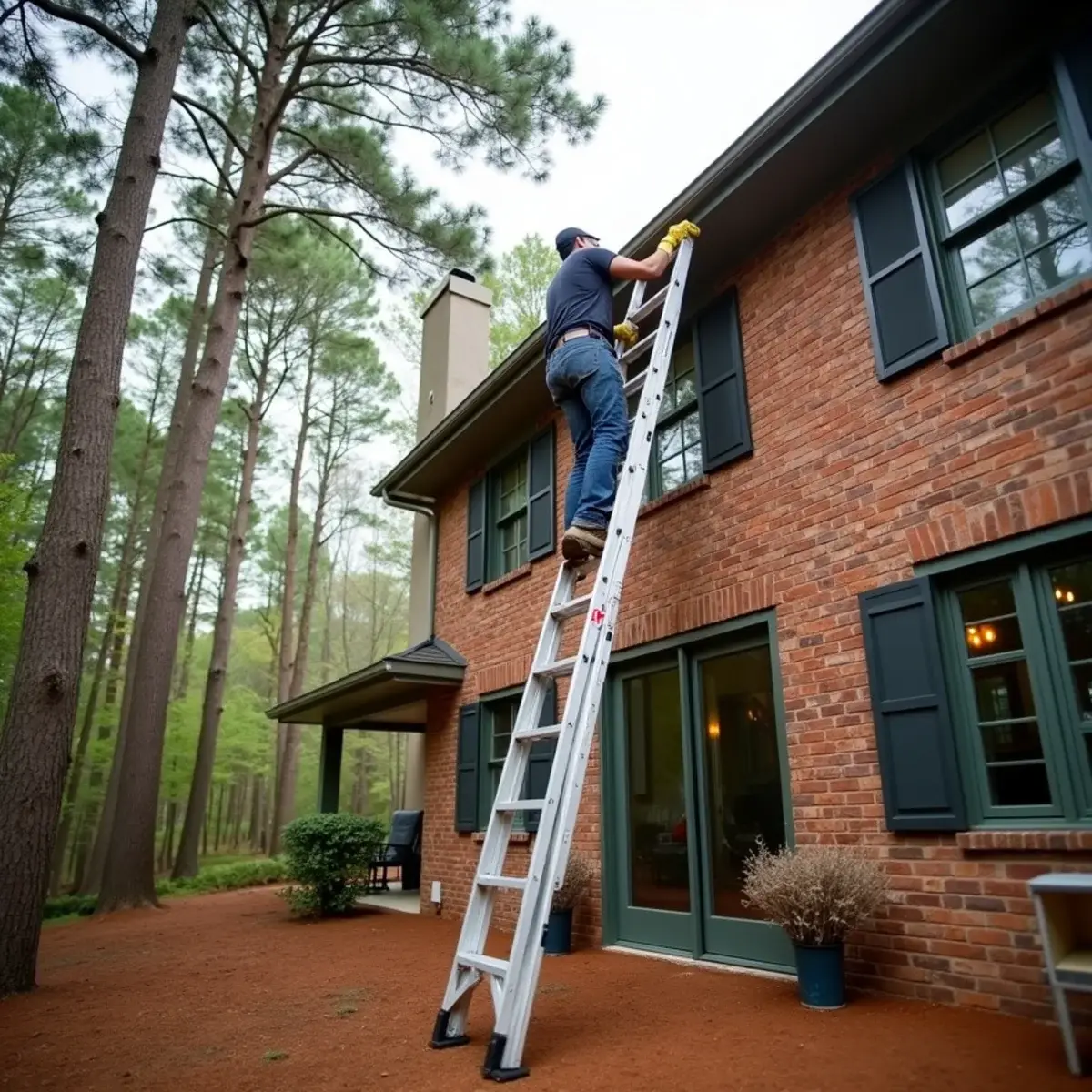 Gutter cleaner on a tall extension ladder at a two-story brick home under pines near Clemson