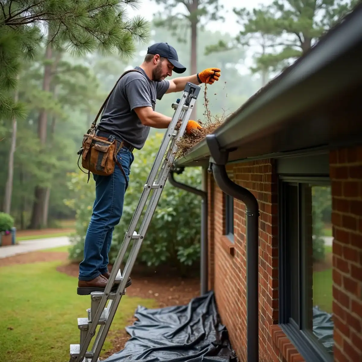 Gutter cleaner hand-clearing pine needles from gutters on a Clemson, SC home