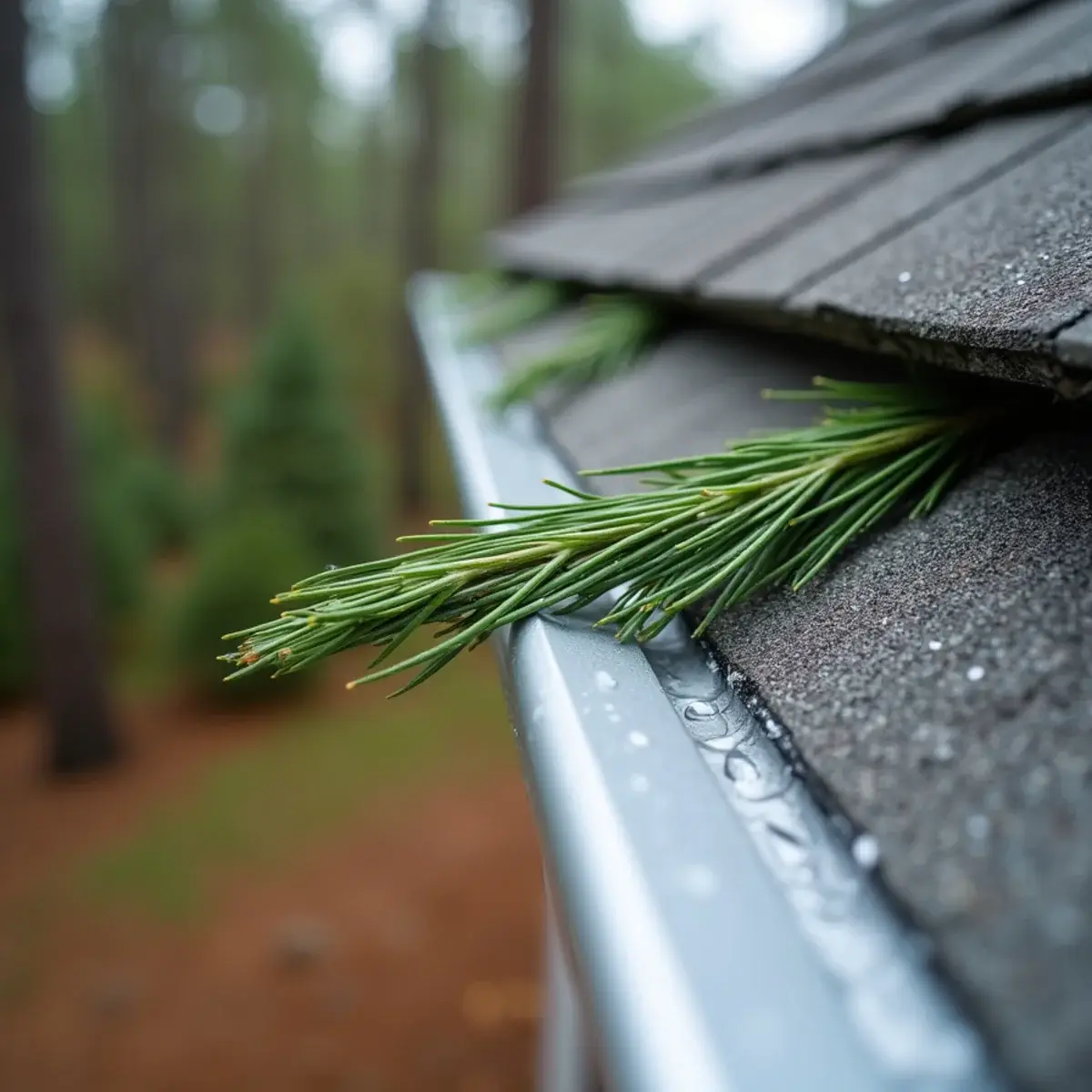 Pine needles resting on a micro-mesh gutter guard instead of falling into the gutter