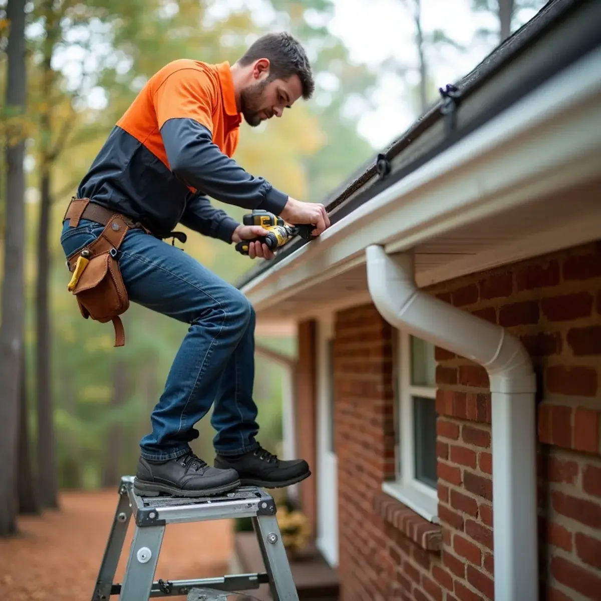 Installer fitting gutter guards to existing gutters on a Clemson ranch home