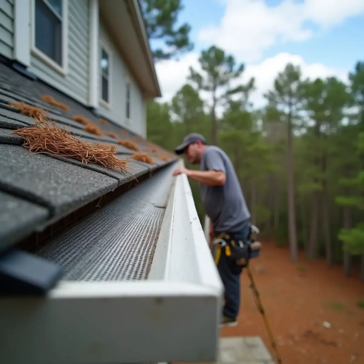 Micro-mesh gutter guards installed on a home surrounded by pine trees in Clemson, SC