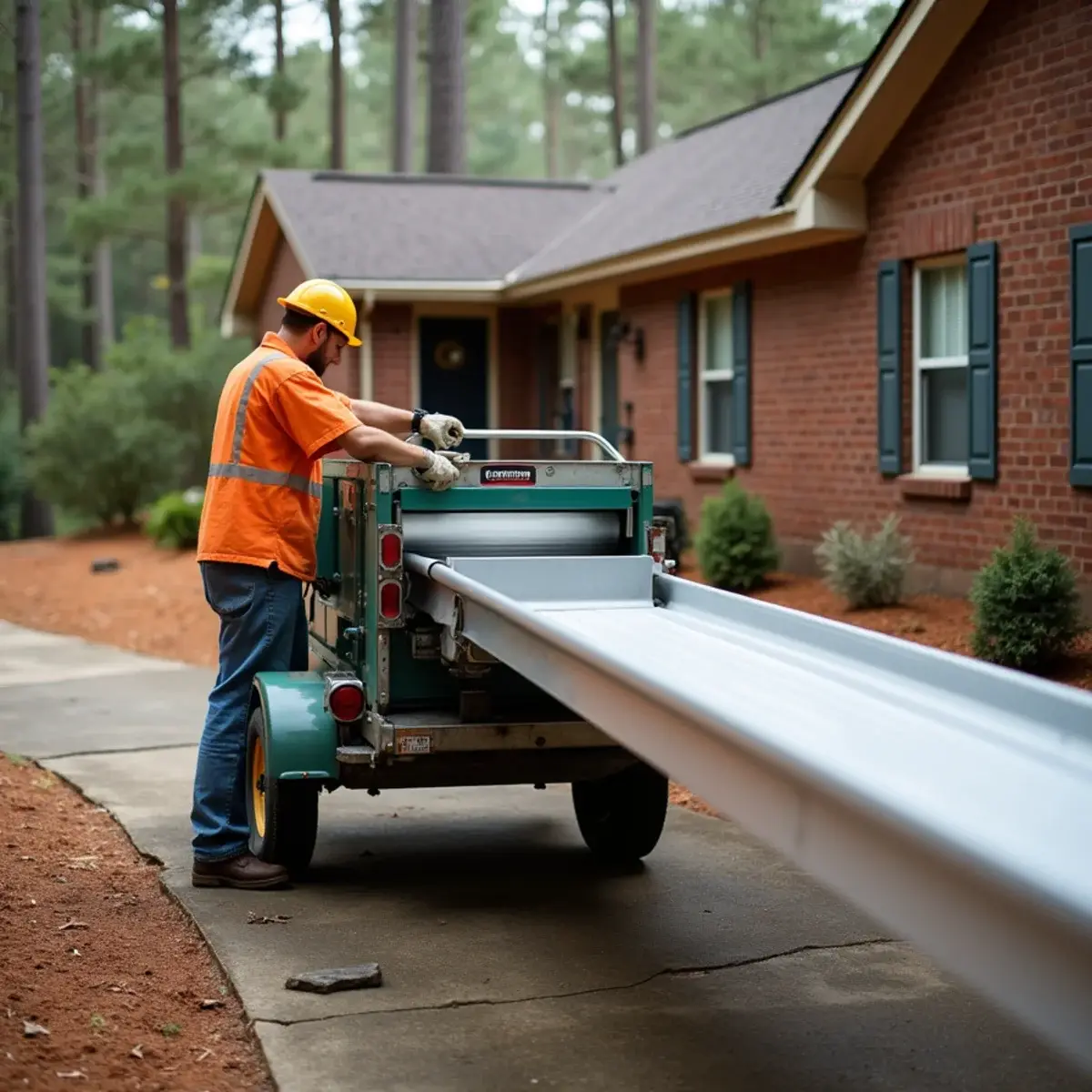 Seamless gutter machine forming a continuous aluminum gutter on site at a Clemson job