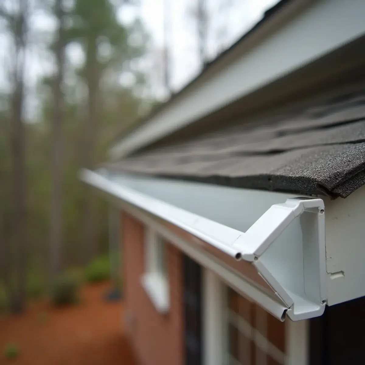 Close-up of a new six-inch K-style gutter corner on a Clemson home