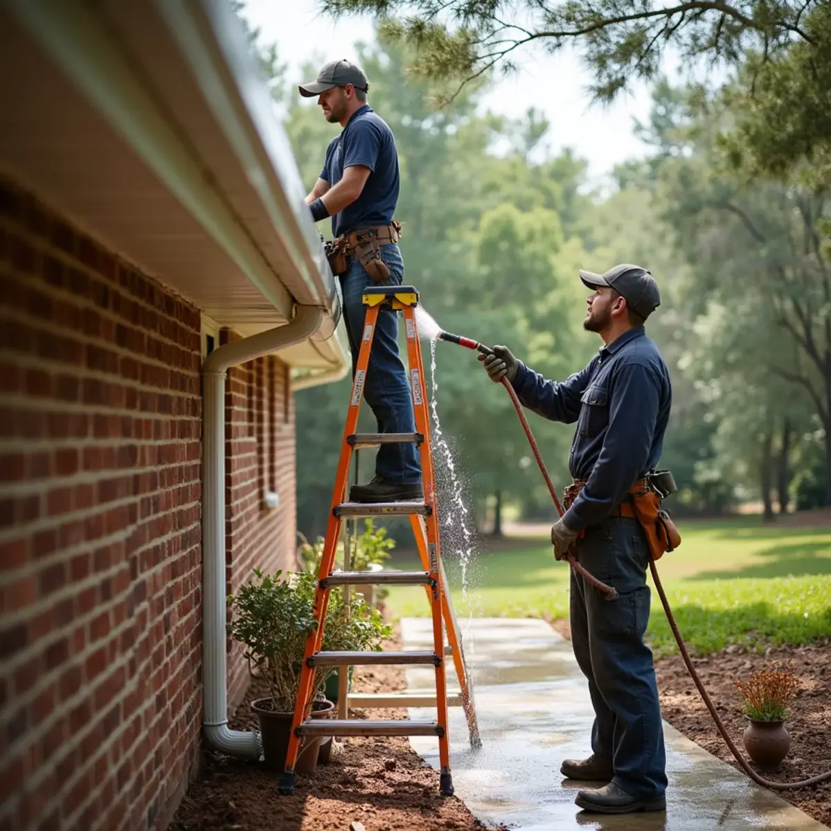 Installer running a hose water test on new seamless gutters at a Clemson home