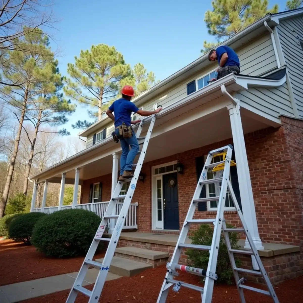 Installers on ladders hanging new gutters on a two-story brick home in Clemson, SC