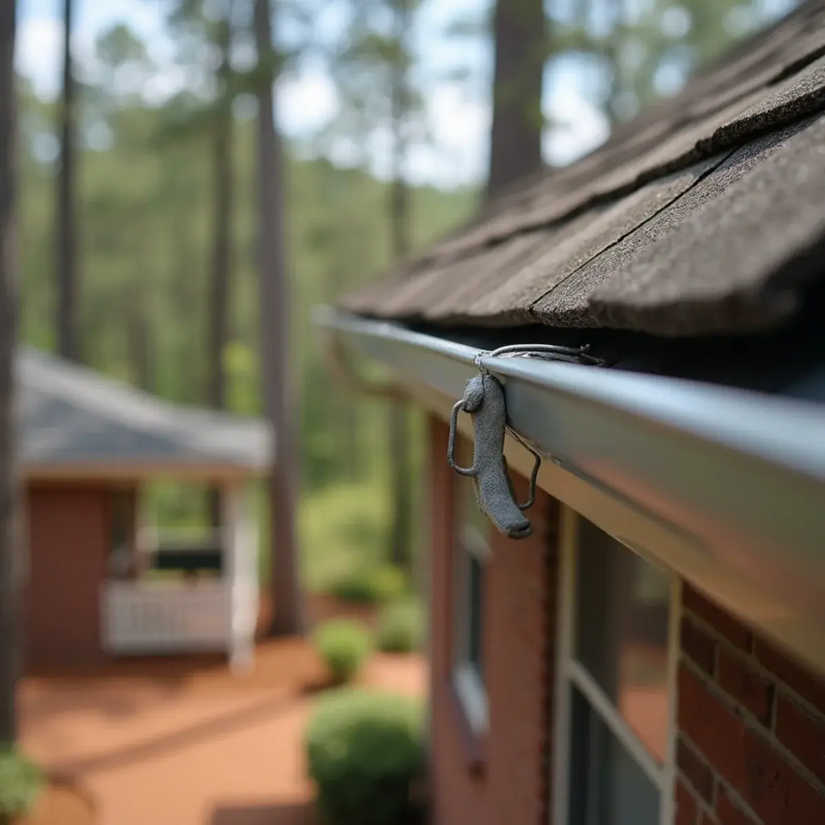 Close-up of an older gutter hanger where the run has started to sag away from the fascia