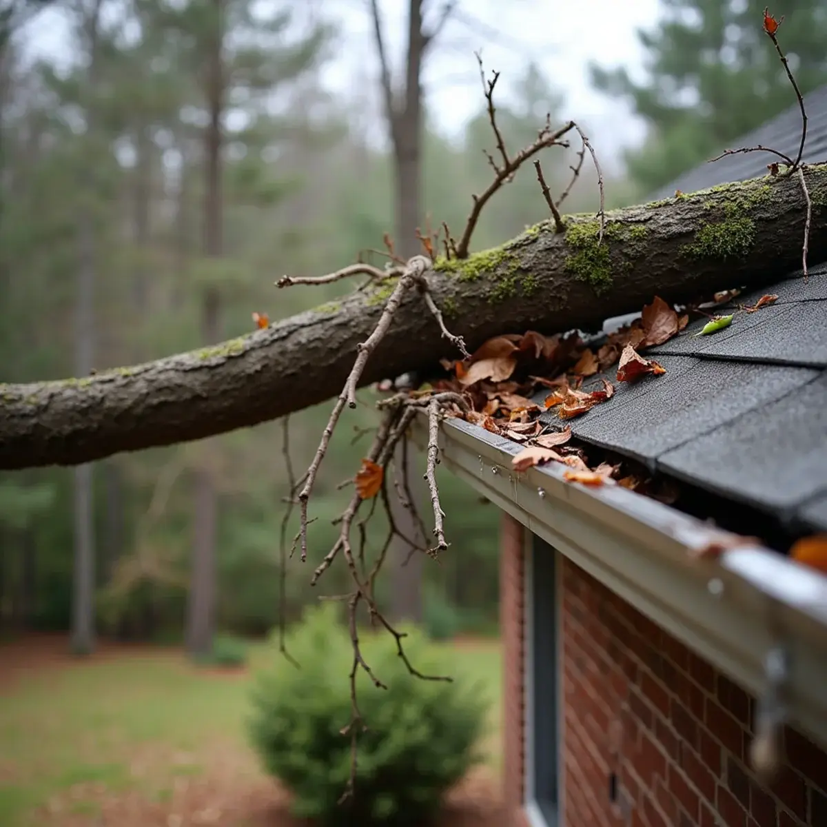 Gutter bent by a fallen oak limb after a storm in the Clemson area