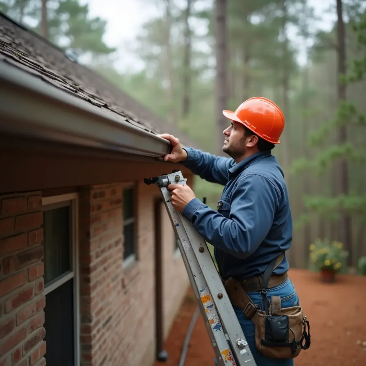 Installer on a ladder checking an old gutter run and fascia to decide between repair and replacement