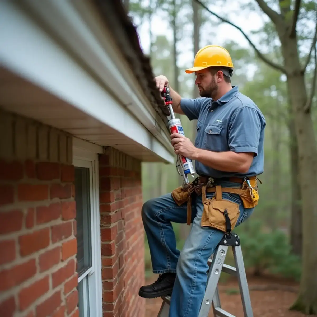Installer resealing a leaking gutter corner on a home in Clemson, SC