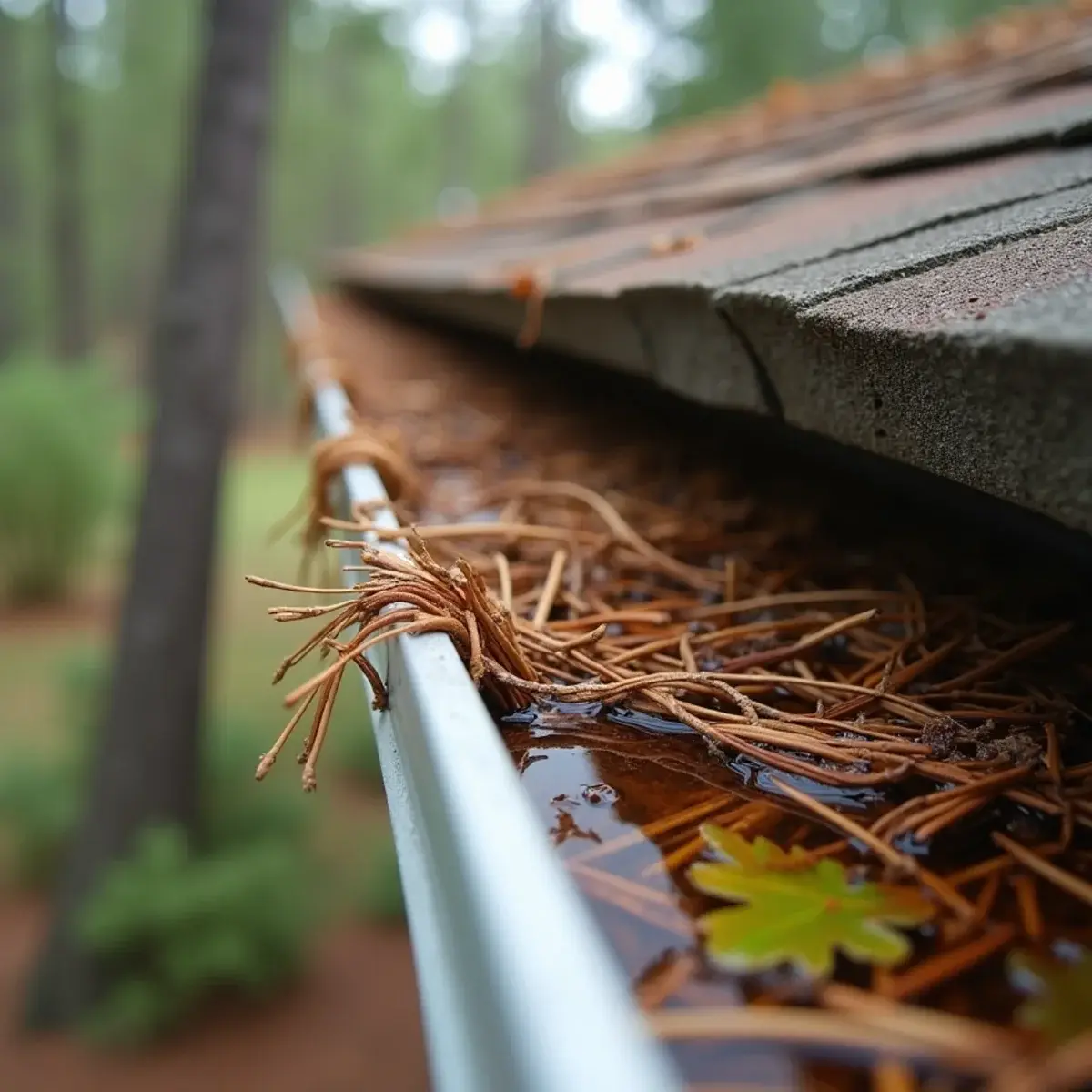 Gutter packed with loblolly pine needles, oak leaves and sweetgum balls on a Clemson home