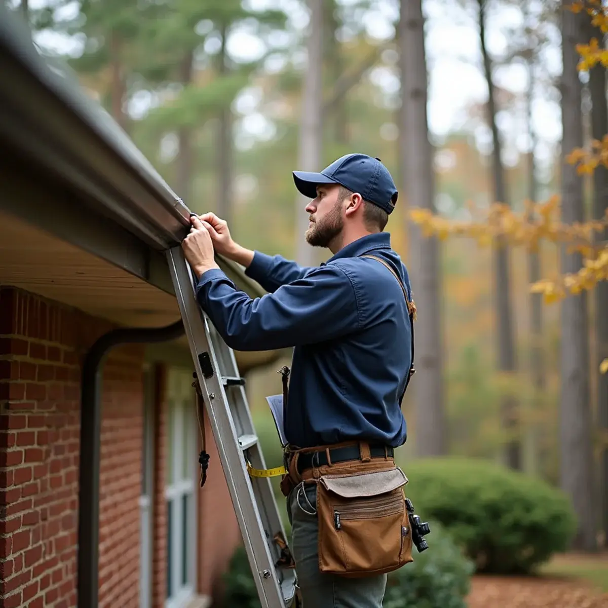 Gutter installer on a ladder checking the roofline before quoting new gutters in Clemson