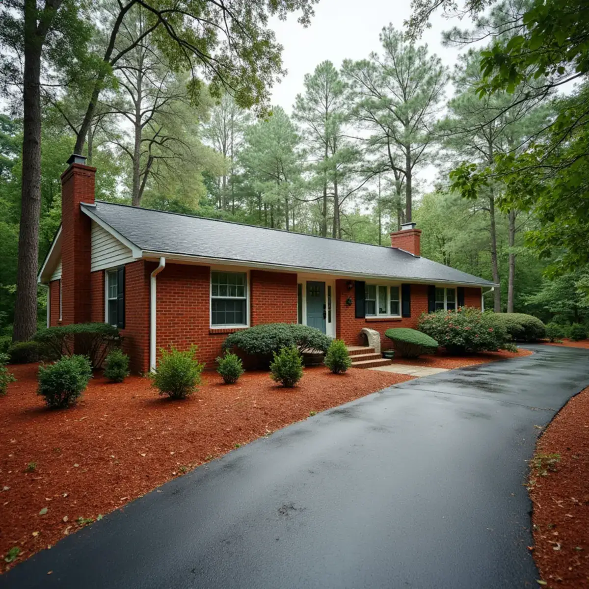 Seamless aluminum gutters on a brick ranch home under tall pines in Clemson, SC