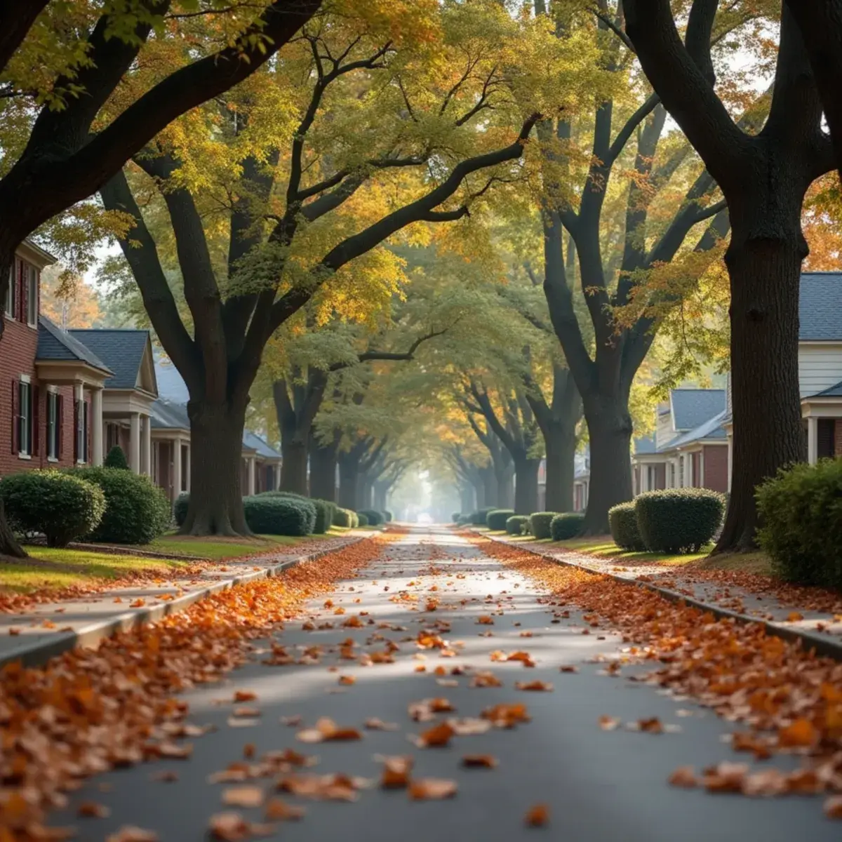 Oak-lined street of early-1900s homes in Anderson, SC, where leaves fill gutters each fall