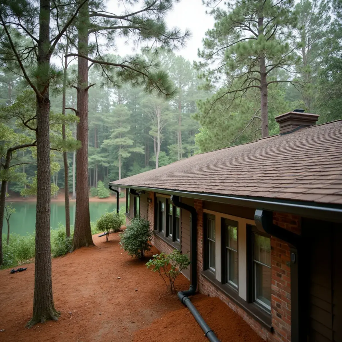Lake Hartwell home under tall pines west of Anderson, SC, where needles fill gutters