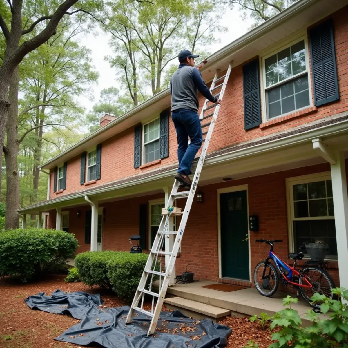 Gutter cleaner on a ladder at a brick rental townhouse in Central, SC