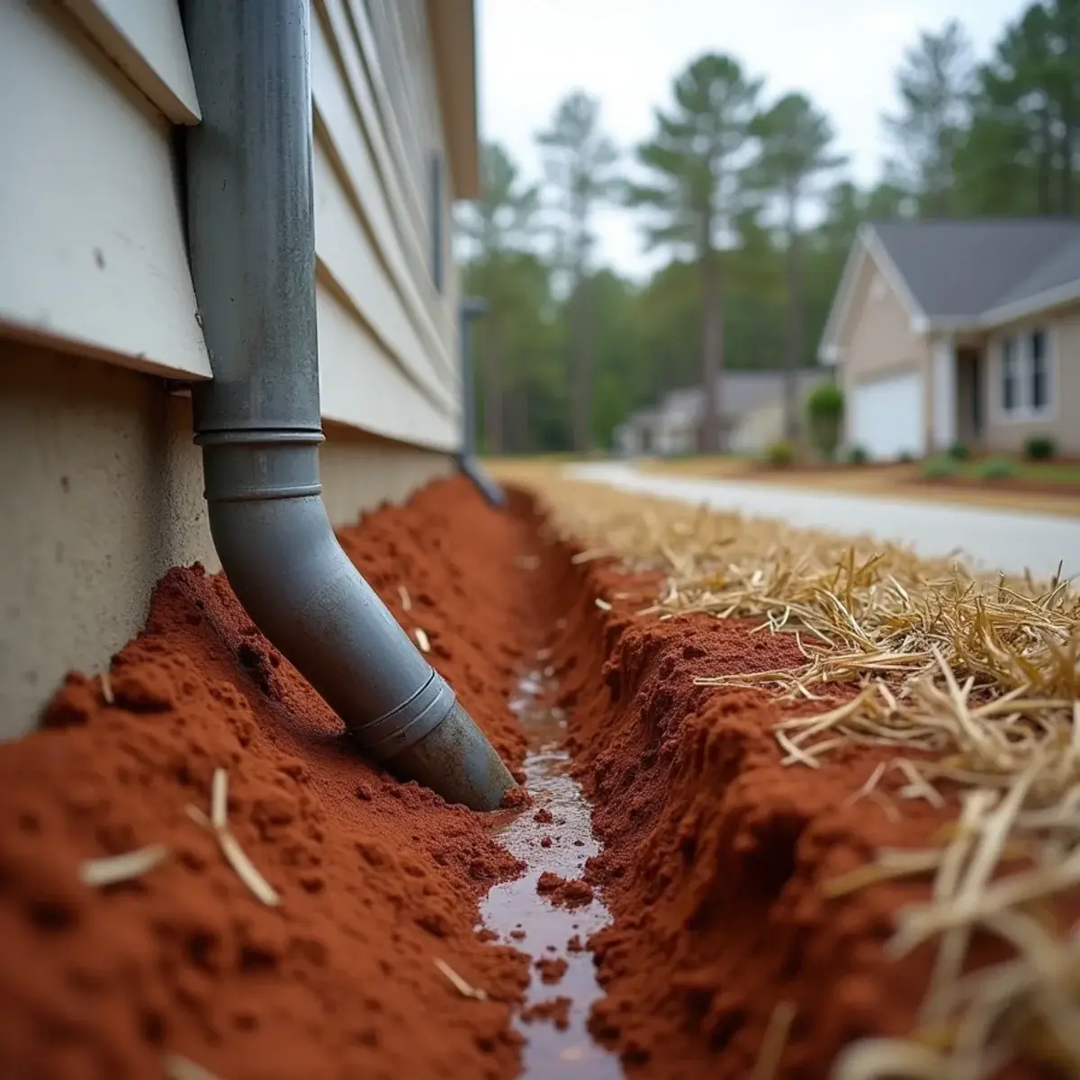 Builder downspout dumping onto bare red clay at a new home in Easley, SC