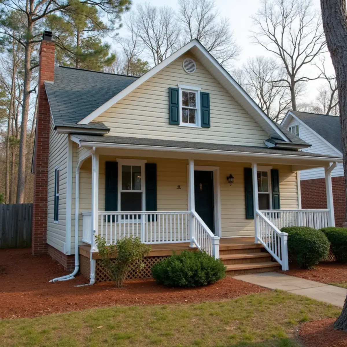 Small mill-era house with a front porch and white gutters near downtown Easley, SC
