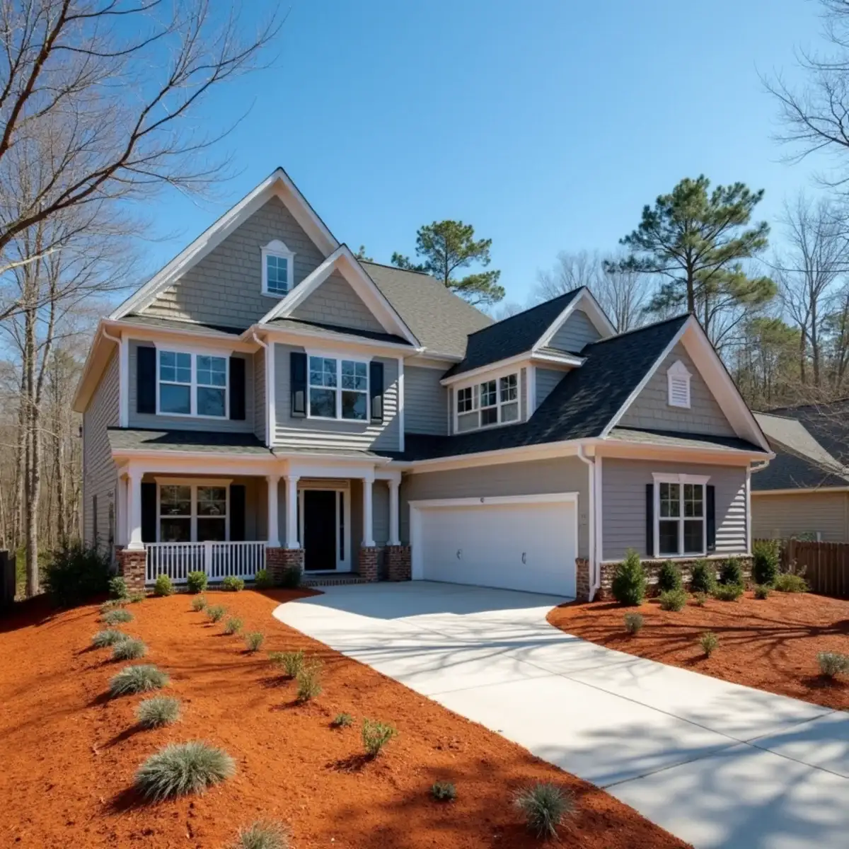 New-build home with fresh red clay landscaping beds in an Easley, SC subdivision