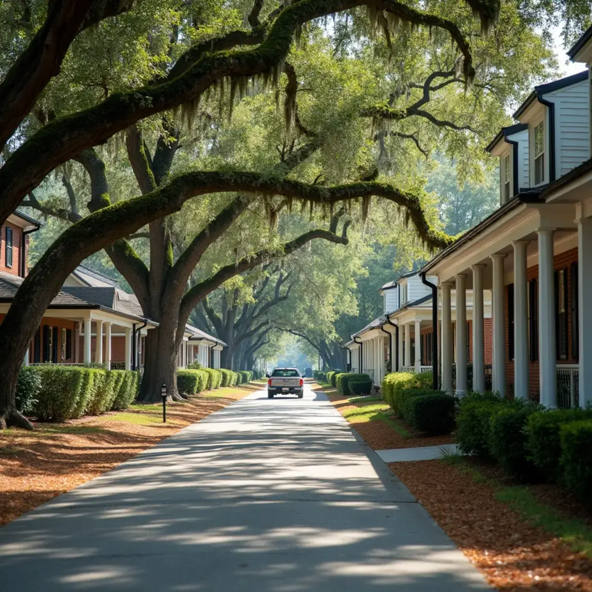 Street of older porch homes under arching oaks in Pendleton, SC
