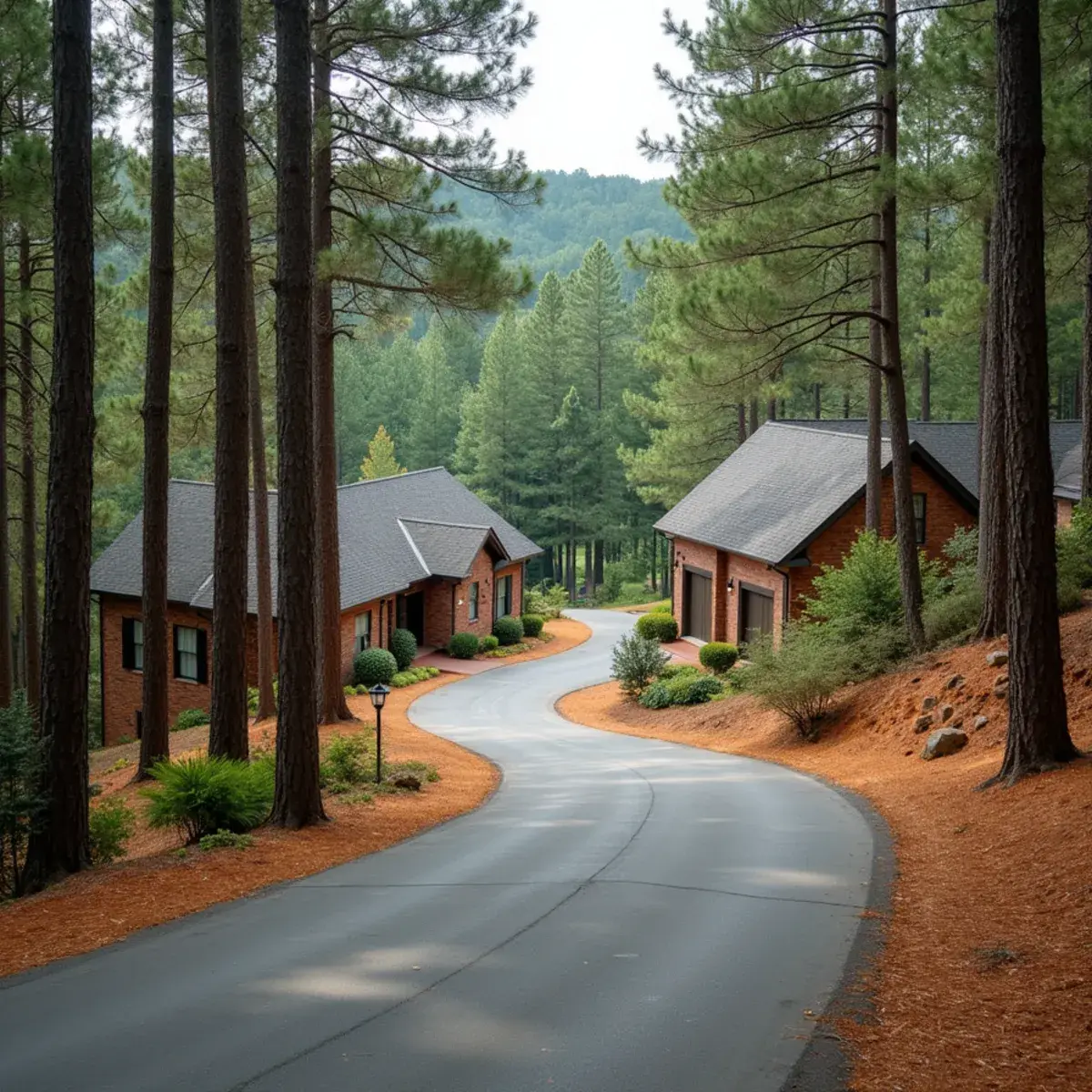 Wooded lots along a winding road near Lake Keowee in Seneca, SC, where pine needles load gutters