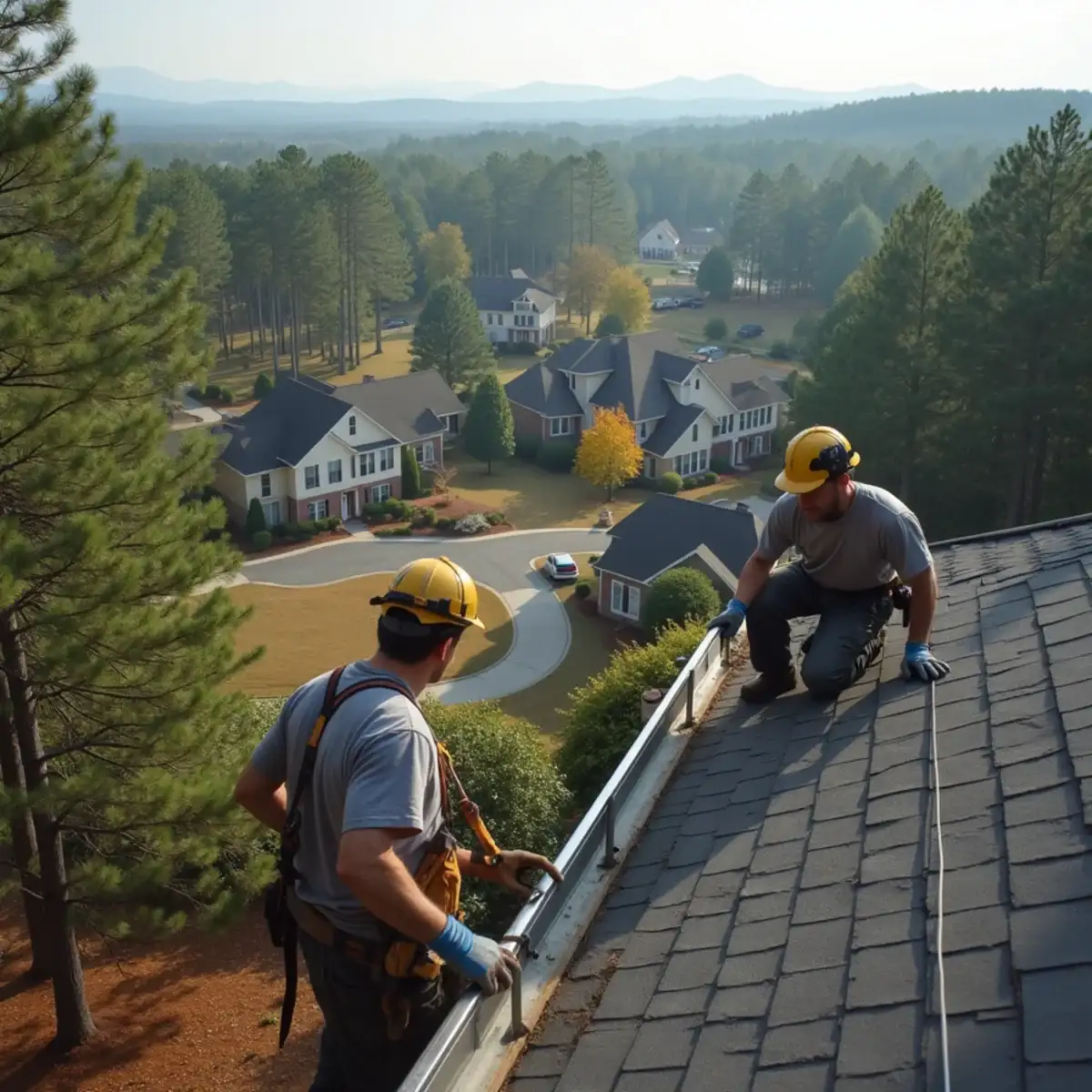 Gutter installers working on a roof above a wooded neighborhood near Clemson, SC, with the Blue Ridge foothills beyond