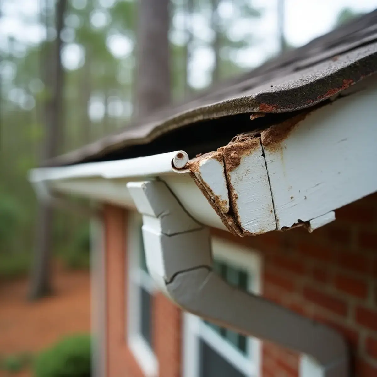 Rotted wood fascia and peeling paint behind an overflowing gutter