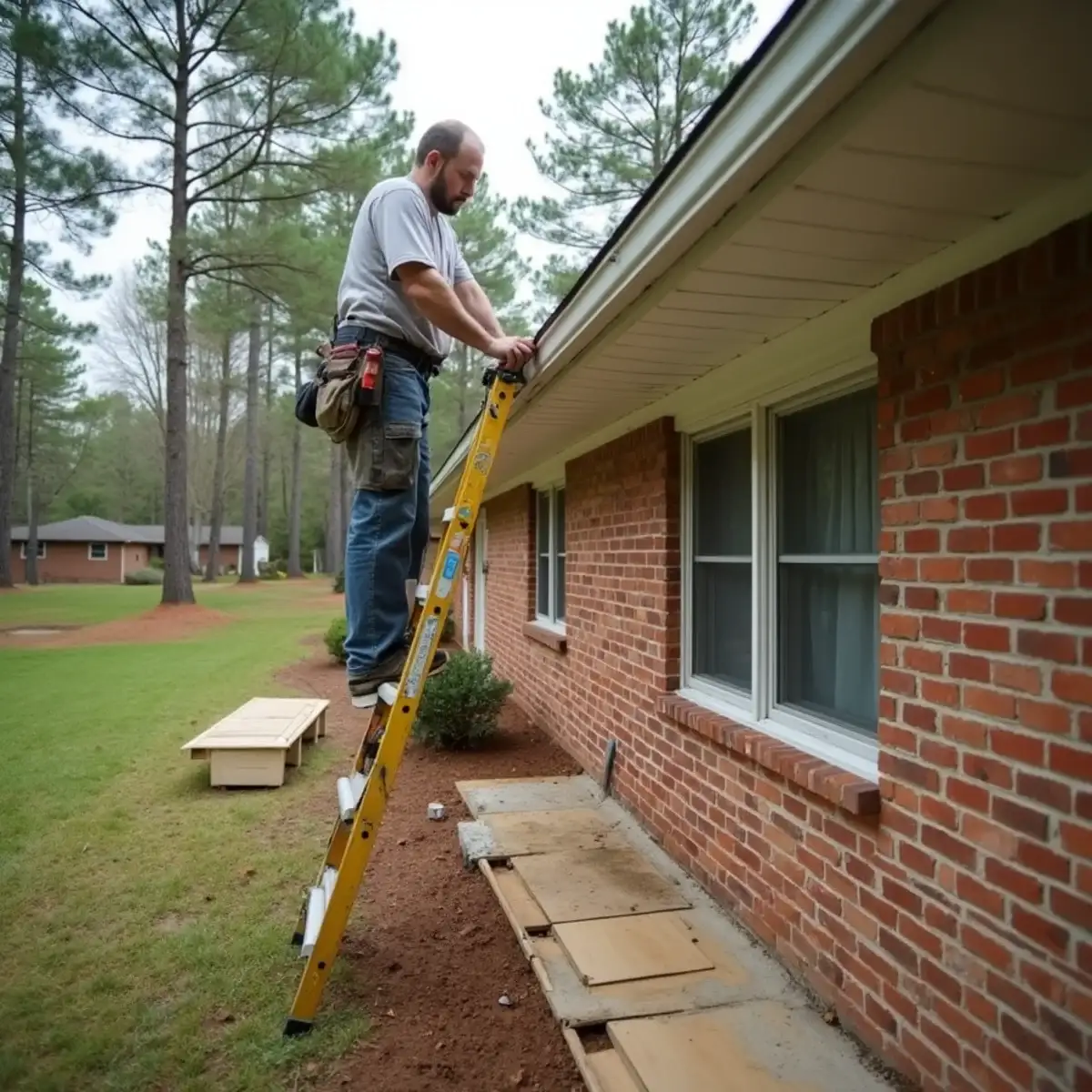 Carpenter replacing a rotted fascia board behind gutters on a Clemson, SC home